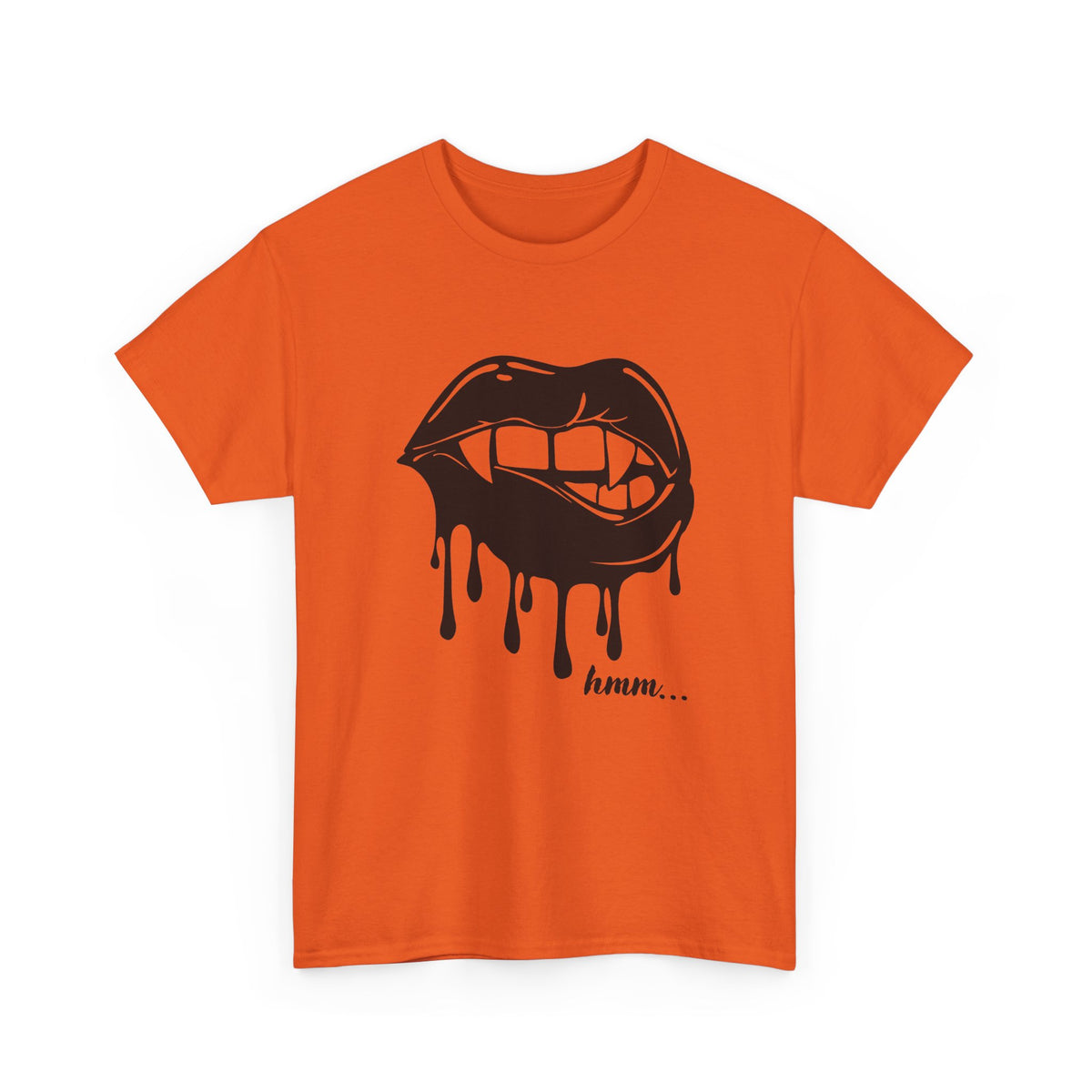 Graphic T-shirt featuring dripping lips with 'hmm...' bite design, by Printify, showcasing a bold, artistic lips illustration.