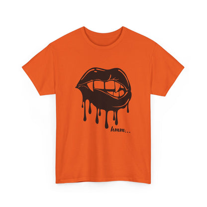 Graphic T-shirt featuring dripping lips with 'hmm...' bite design, by Printify, showcasing a bold, artistic lips illustration.