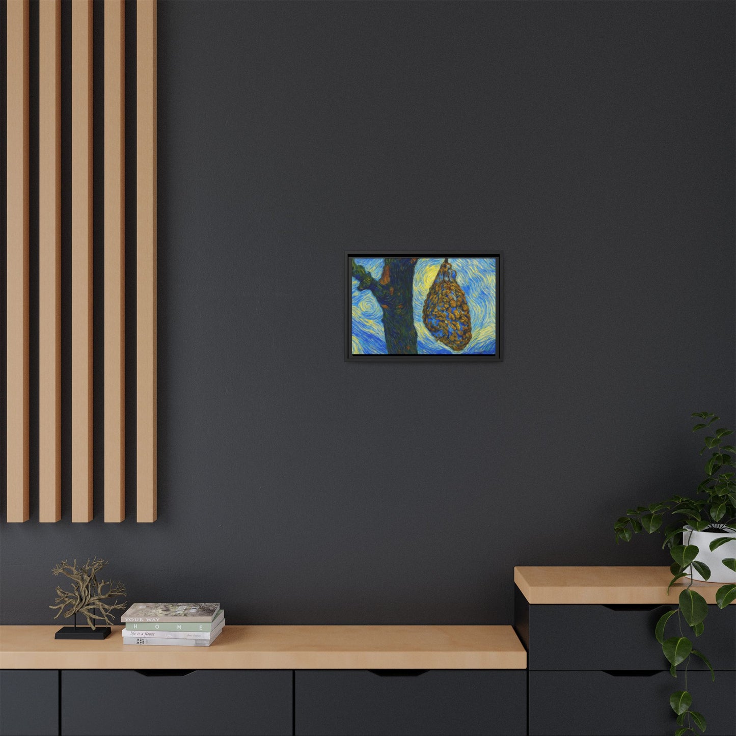 Framed matte canvas art featuring a starry nut cluster with dried plum colors, depicting a detailed nut cluster in a natural setting.