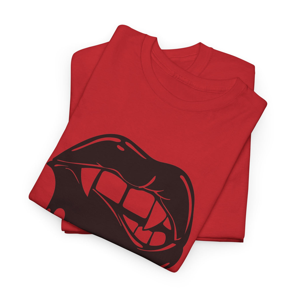 Graphic T-shirt featuring dripping lips and "hmm..." bite design, stylish printify branding on a casual tee.