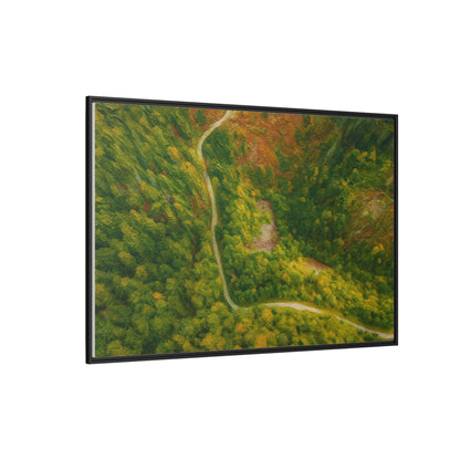 Framed matte canvas wall art featuring a colorful aerial forest path landscape by Printify.