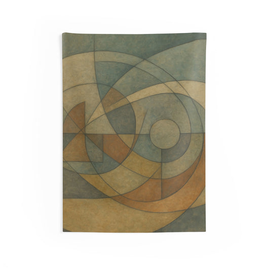 Abstract geometric tapestry in earth tones, modern wall art design by Printify, featuring bold shapes and textured fabric.