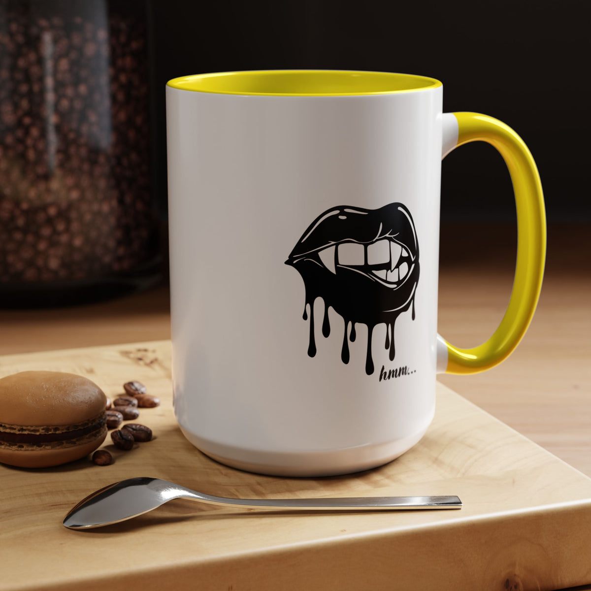Black accent Dripping Bite coffee mug by Printify, 11oz or 15oz, featuring a distinctive dripping bite design on a ceramic mug.