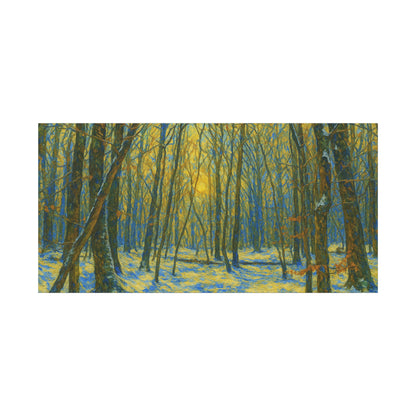 Winter woodland forest sunlight canvas print, Matte stretched art by Printify showcasing a serene winter landscape.