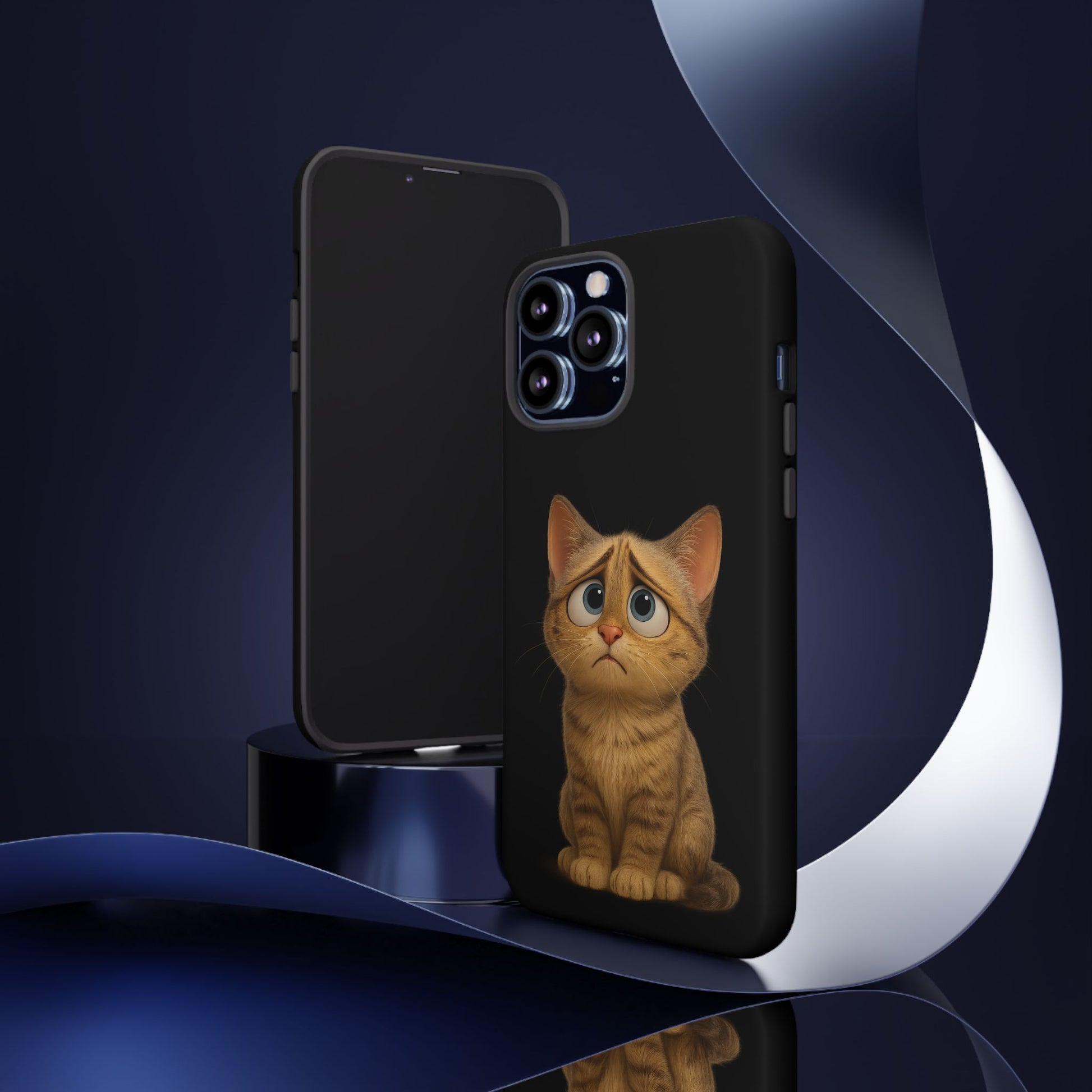 Cute sad kitty print phone case for iPhone, protective cat-themed case from Printify featuring a sad kitten design.