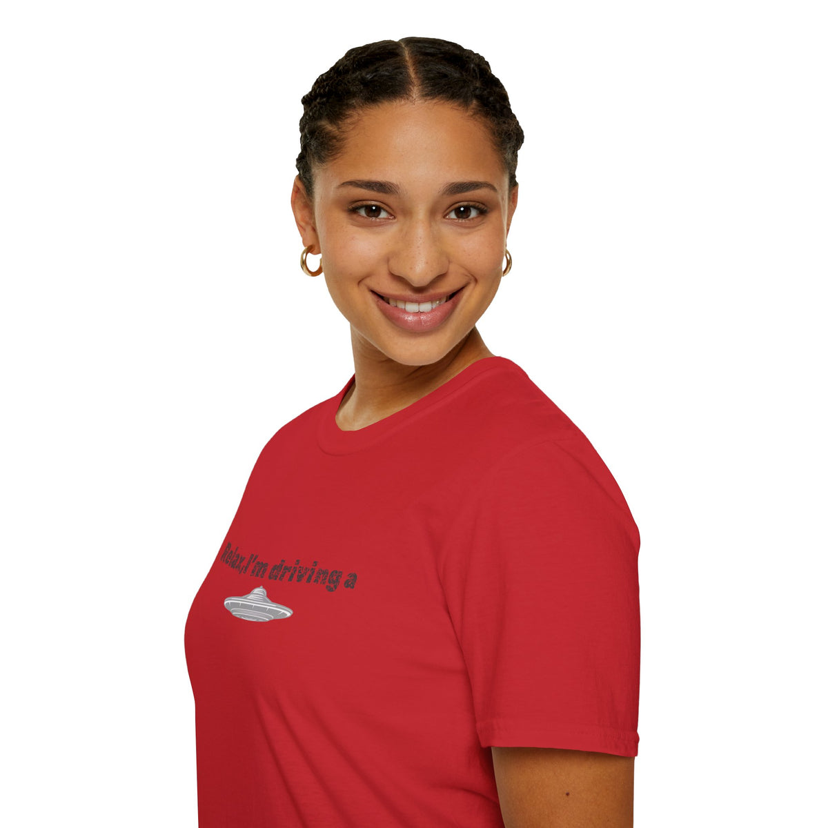 Funny alien graphic T-shirt by Printify featuring a UFO design, perfect for sci-fi fans and casual wear.