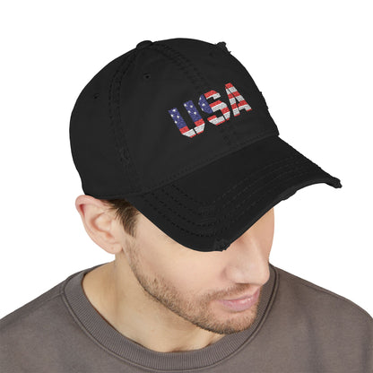 Distressed USA flag embroidered dad hat with adjustable strap and vintage look, casual headwear by Printify.