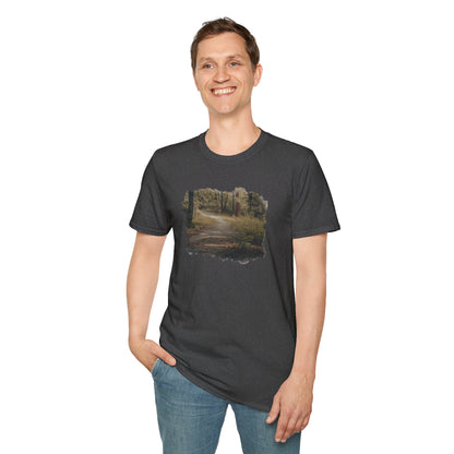 Vintage forest landscape T-shirt by Printify featuring a nature pathway scene on comfortable fabric.