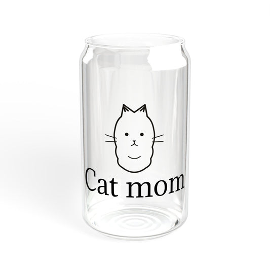 16oz Cat Mom Sipper Glass with straw, cute cat lover tumbler mug by Printify featuring a playful cat design.