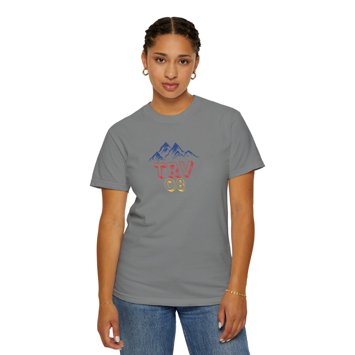 Unisex garment-dyed T-shirt with TRV08 Logo print by Printify, casual clothing, soft fabric, front view.
