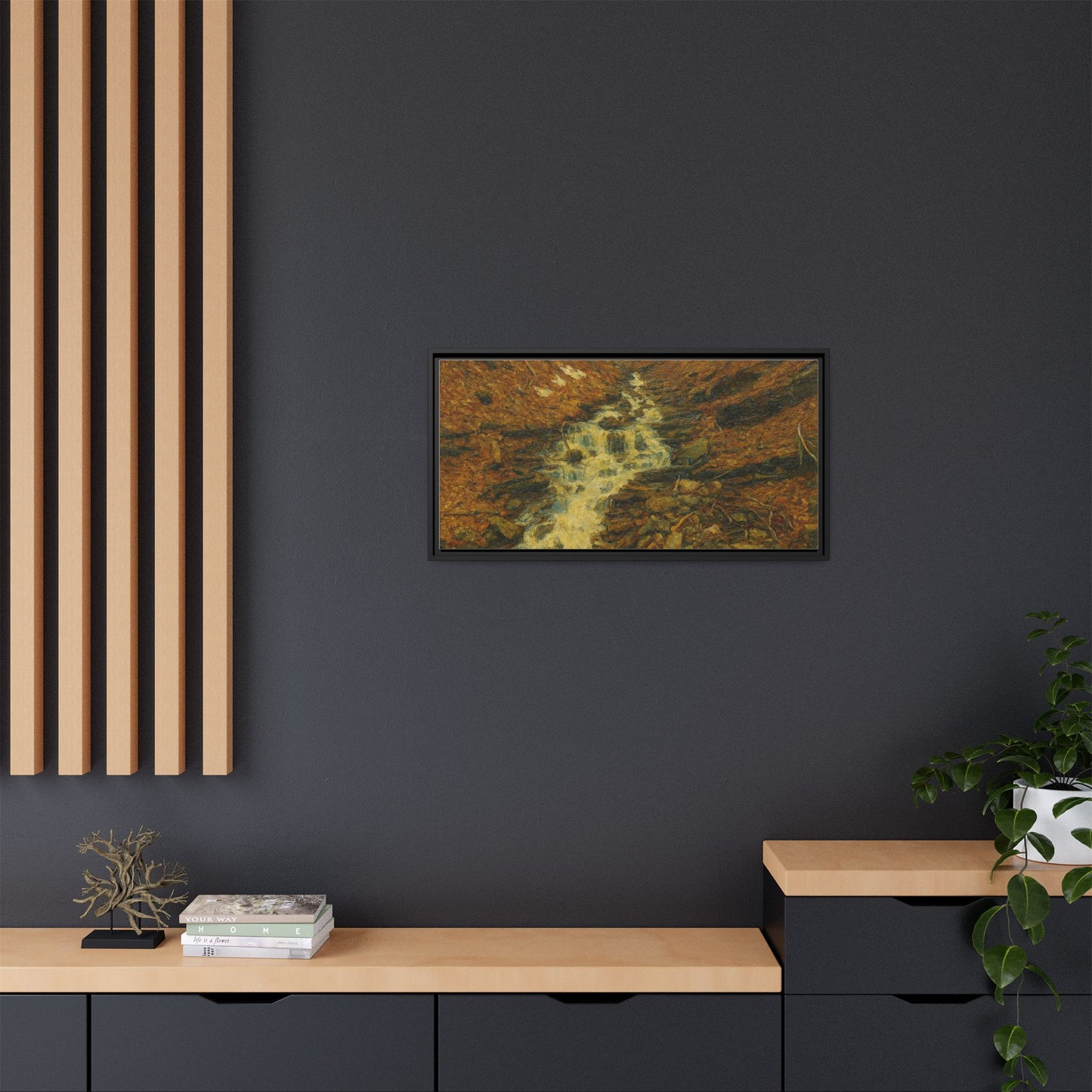Framed matte canvas print of autumn stream landscape artwork by Printify, showcasing vibrant fall colors and serene nature scene.