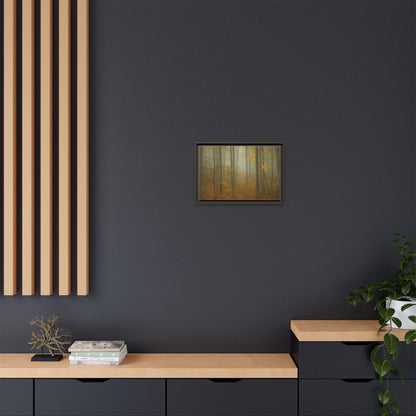 Framed matte canvas of misty autumn forest wall art by Printify, featuring vibrant fall trees and moody forest scene.