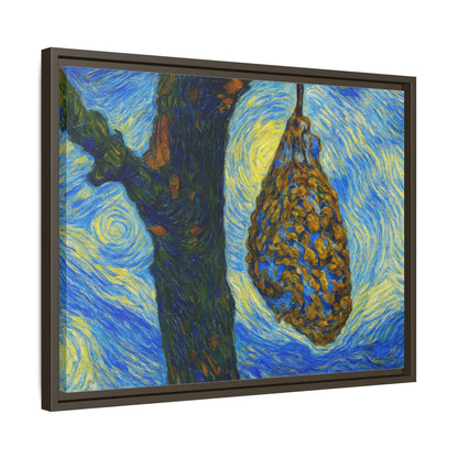 Framed matte canvas art of a starry nut cluster with dried plum in a tree, featuring natural earthy tones.