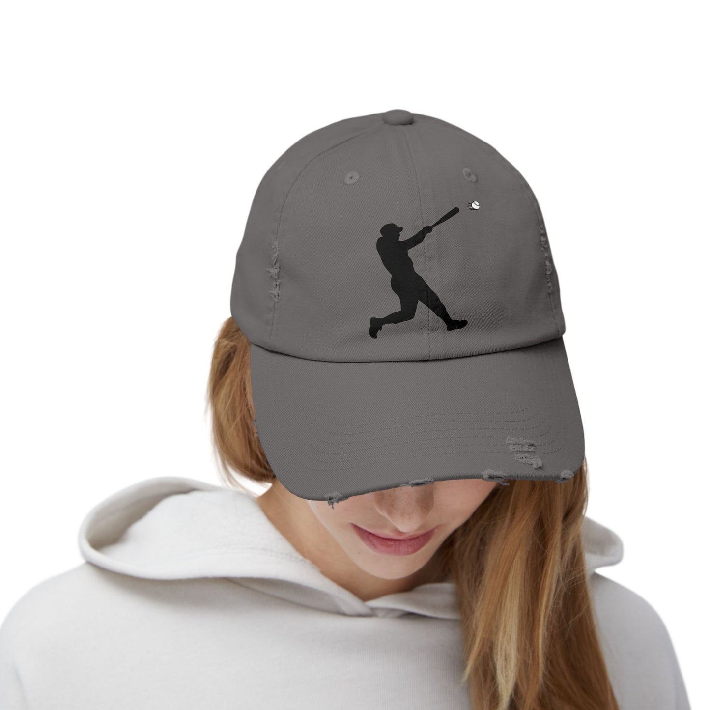 Distressed baseball cap featuring silhouette batter design, casual hats by Printify with a worn, vintage look.