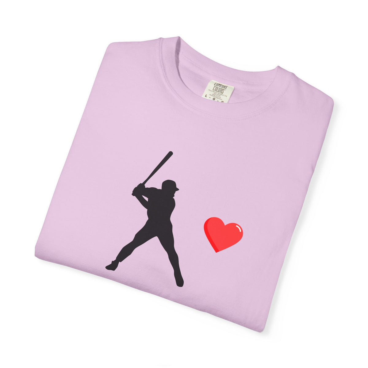 White baseball batter heart T-shirt by Printify featuring a graphic of a batter with a heart design on the front.