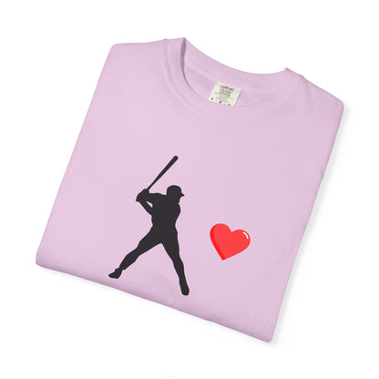 White baseball batter heart T-shirt by Printify featuring a graphic of a batter with a heart design on the front.