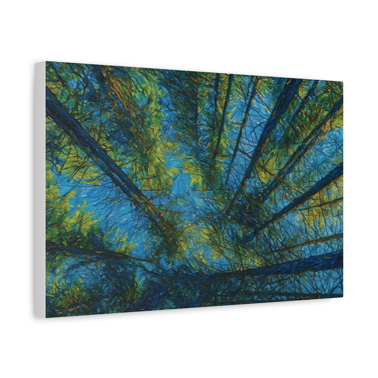 Forest Canopy Matte Canvas Wall Art — Upward View of Trees, Blue & Green Nature Print