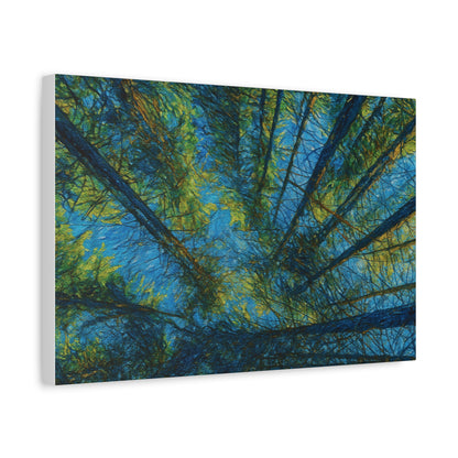 Forest Canopy Matte Canvas Wall Art — Upward View of Trees, Blue & Green Nature Print