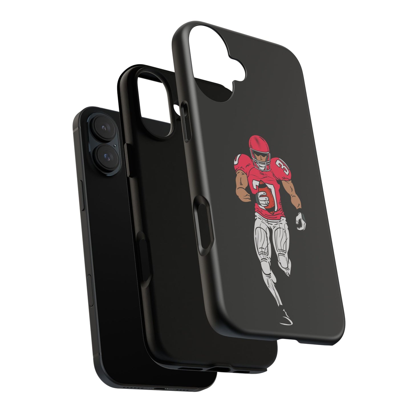 Black football player tough phone case for iPhone, protective sports-themed case by Printify showing a dynamic football action scene.