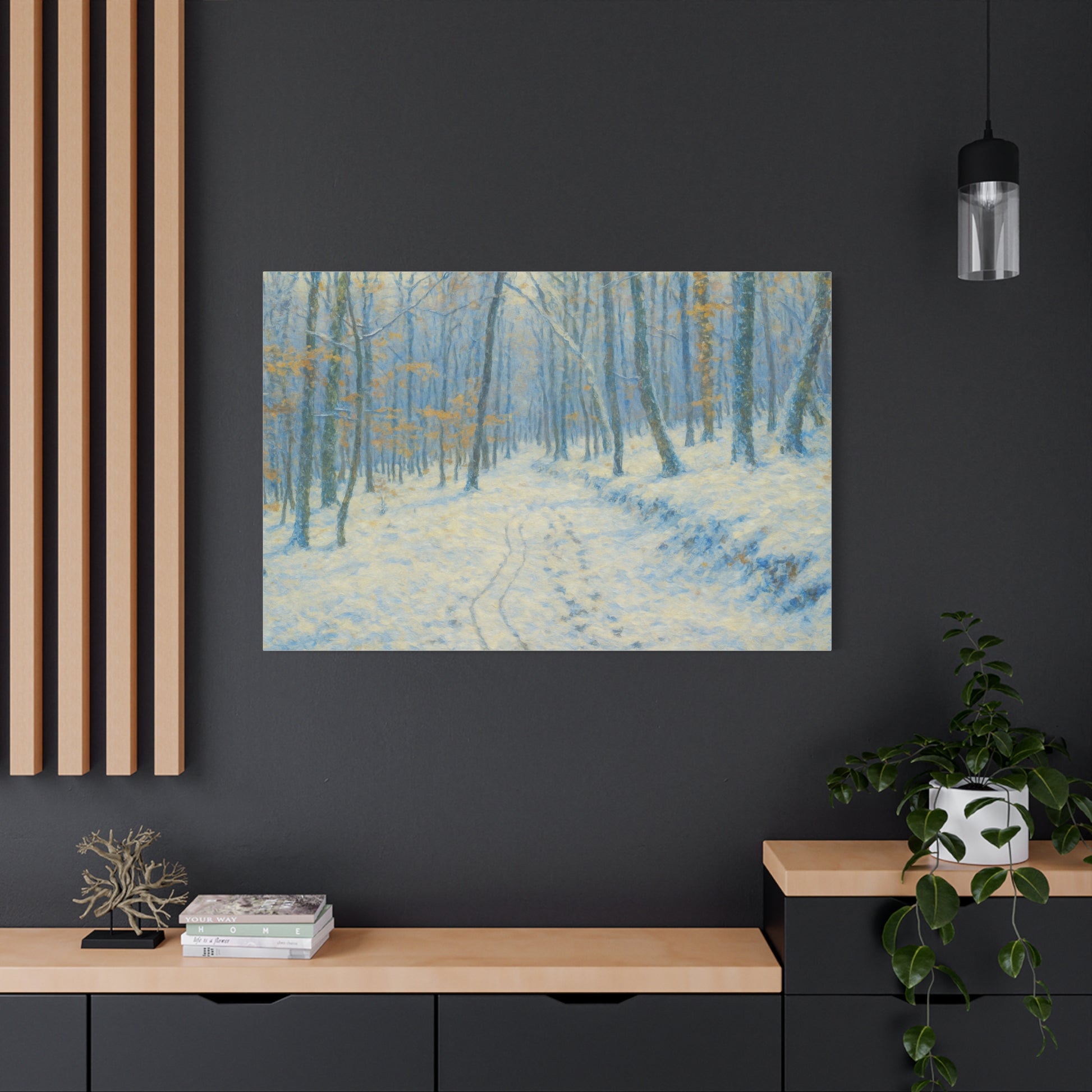 Winter woodland canvas print by Printify featuring a snowy forest scene, matte stretched wall art for winter decor.