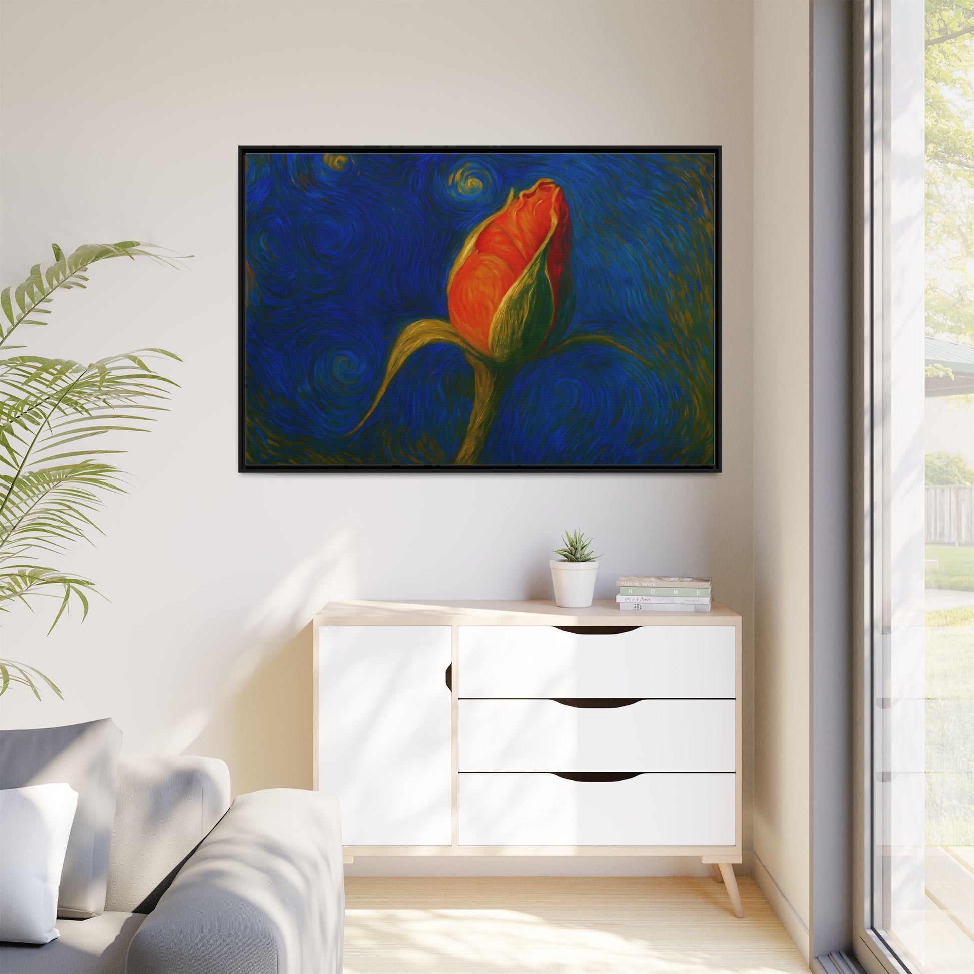 Red rose bud painting on canvas with matte finish, framed wall art by Printify, showcasing vibrant floral artwork.
