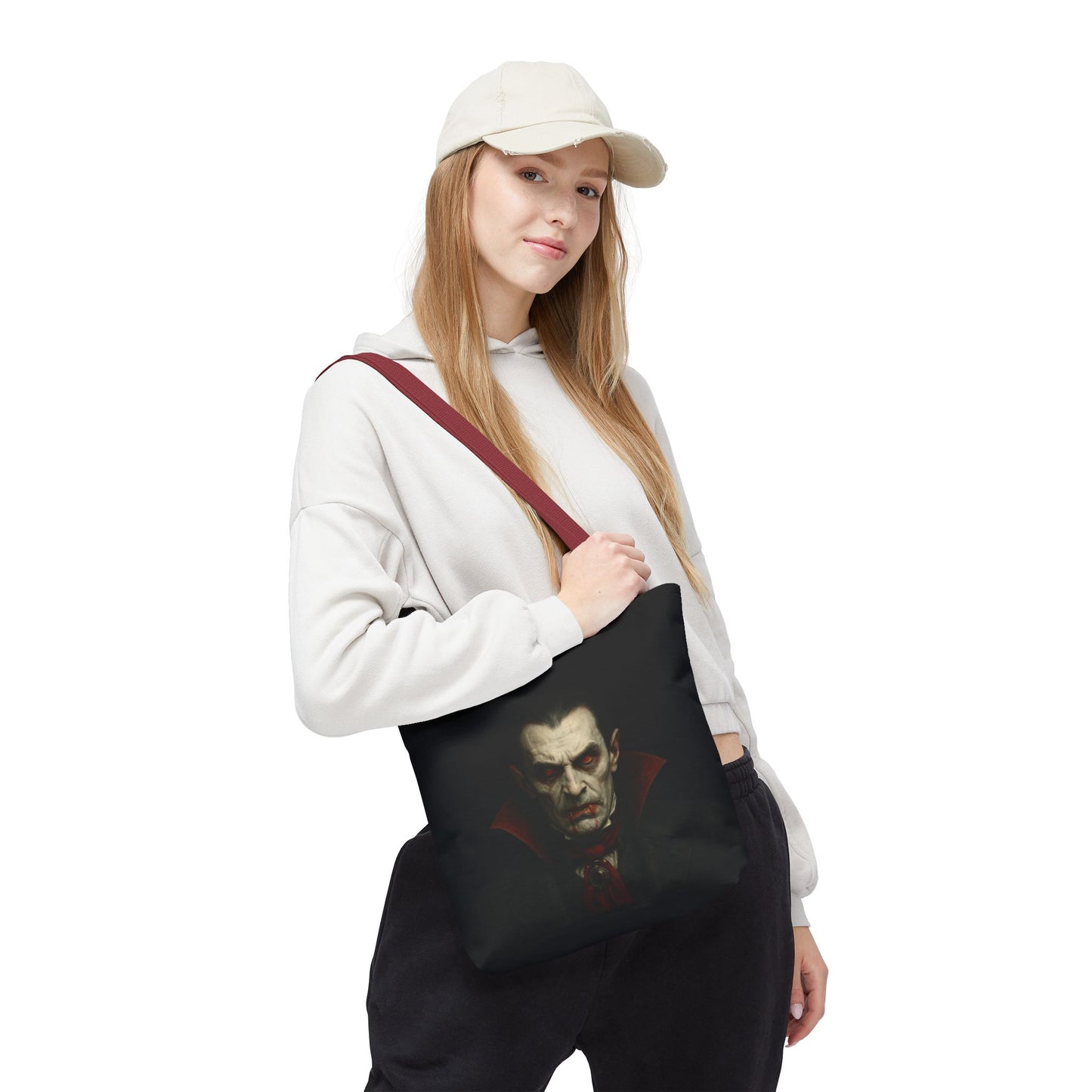 Black vampire tote bag with spooky gothic design, perfect for Halloween accessories, made by Printify.