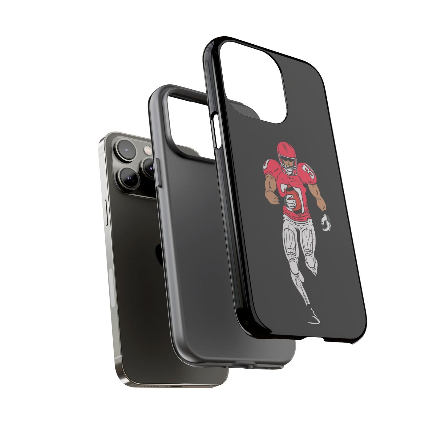 Black football player tough phone case for iPhone, durable protective sports design by Printify, featuring athletic football imagery.