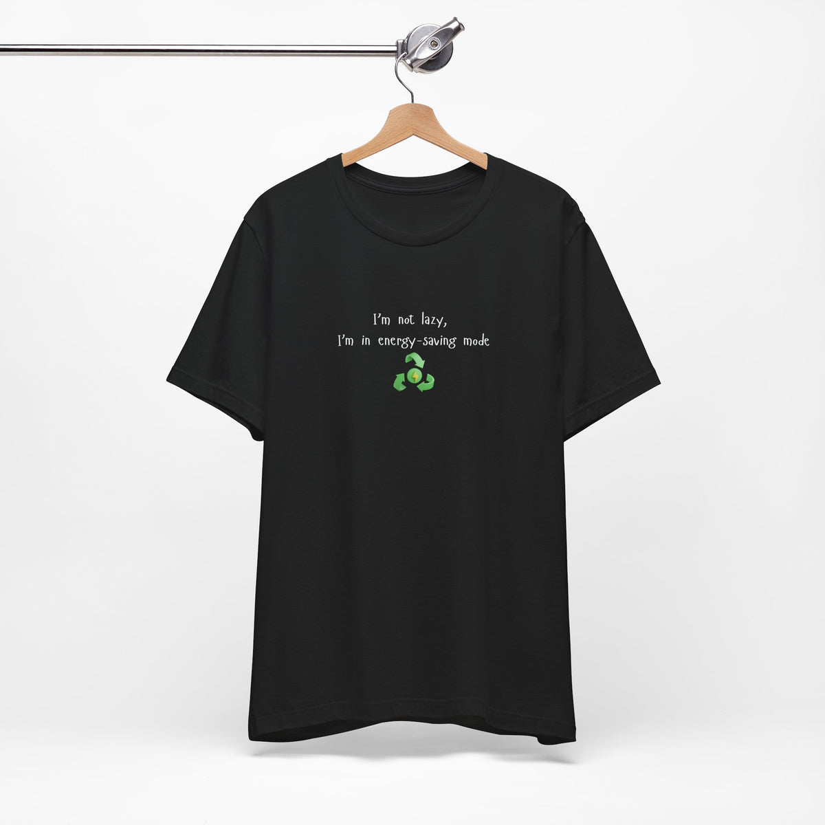 Eco humor T-shirt from Printify featuring the "I’m Not Lazy, I’m an Energy-Saving Mock" design in a casual fit.