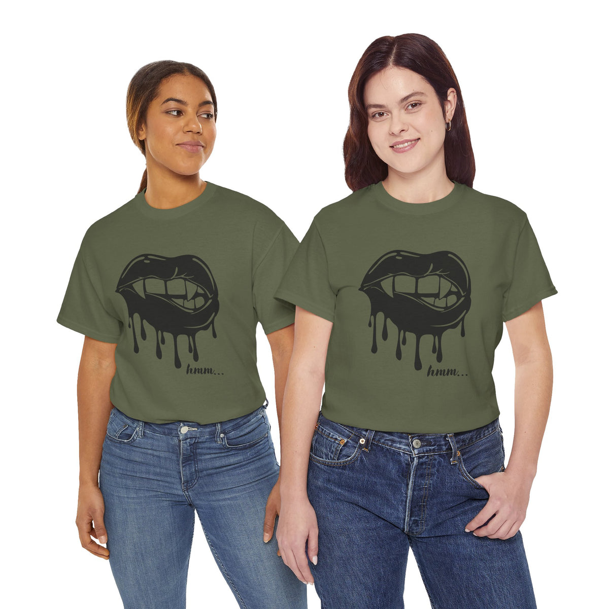 Graphic T-shirt by Printify featuring a dripping lips "hmm..." bite design on a casual black tee.