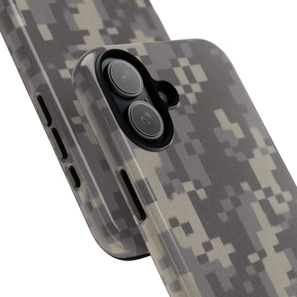 Rugged digital camouflage Printify phone case protecting a smartphone with tough, durable design and digital camo pattern.