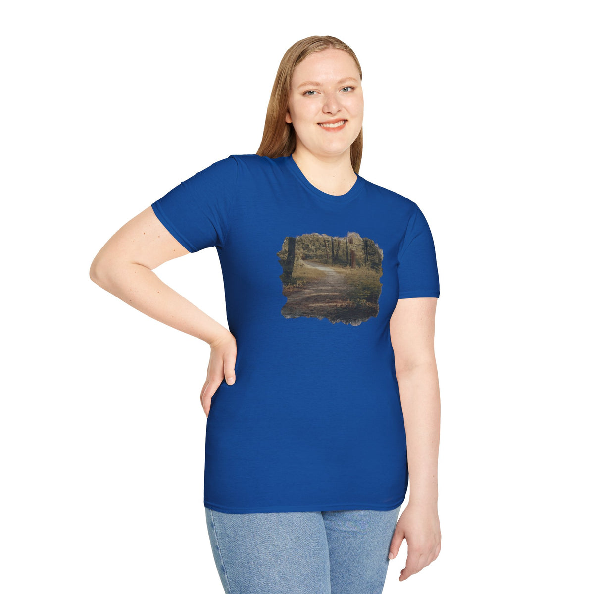 Vintage forest landscape T-shirt by Printify featuring a nature pathway scene on a casual cotton tee.