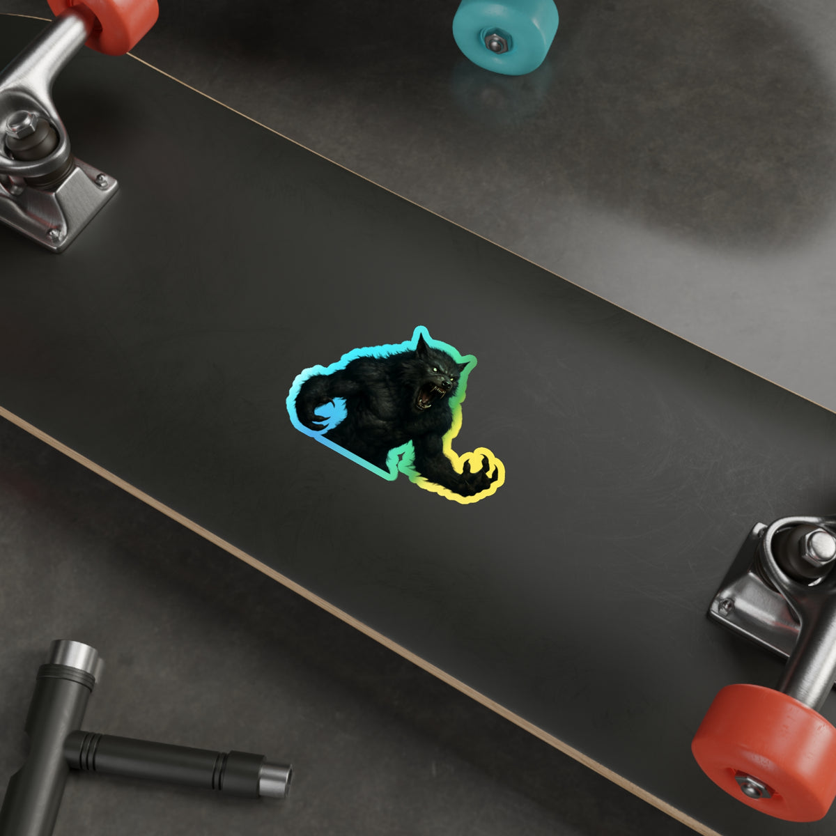 Holographic rainbow moonlight werewolf die-cut sticker on paper, featuring a vibrant, reflective monster decal design.