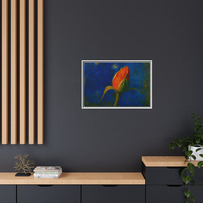 Red rose bud painting on framed canvas wall art by Printify, featuring a vibrant floral design in matte finish.