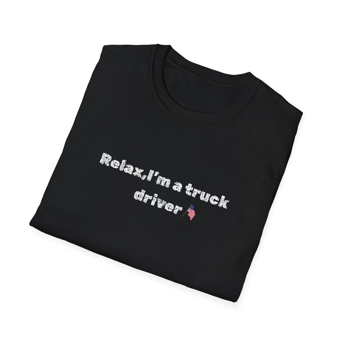Pink heart graphic on a navy Relax I'm a Truck Driver T-Shirt by Printify, featuring a humorous trucker-themed design.