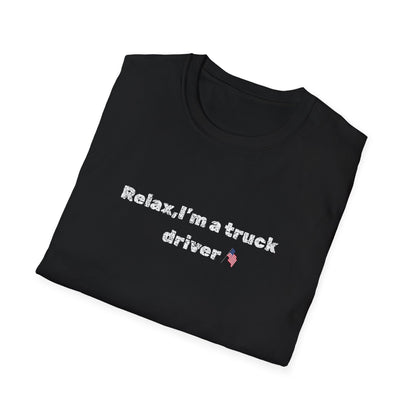 Pink heart graphic on a navy Relax I'm a Truck Driver T-Shirt by Printify, featuring a humorous trucker-themed design.