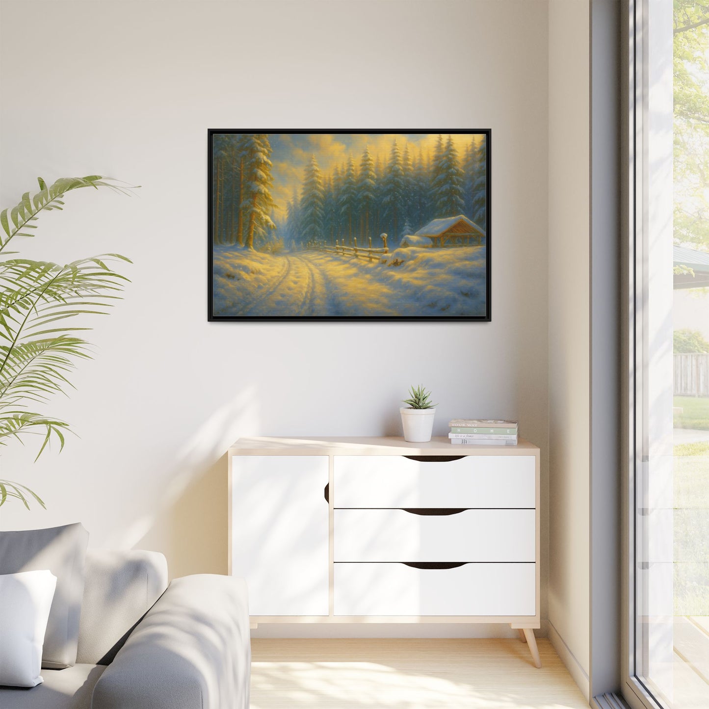 Framed winter cabin canvas print featuring a snowy forest sunset, wall art by Printify with warm, scenic winter landscape.