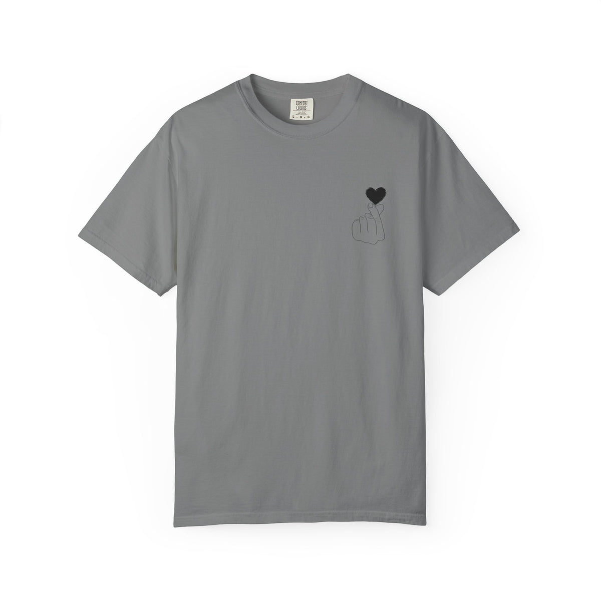 Black T-shirt featuring a minimal white finger heart graphic, designed by Printify, casual and stylish men's or women's tee.