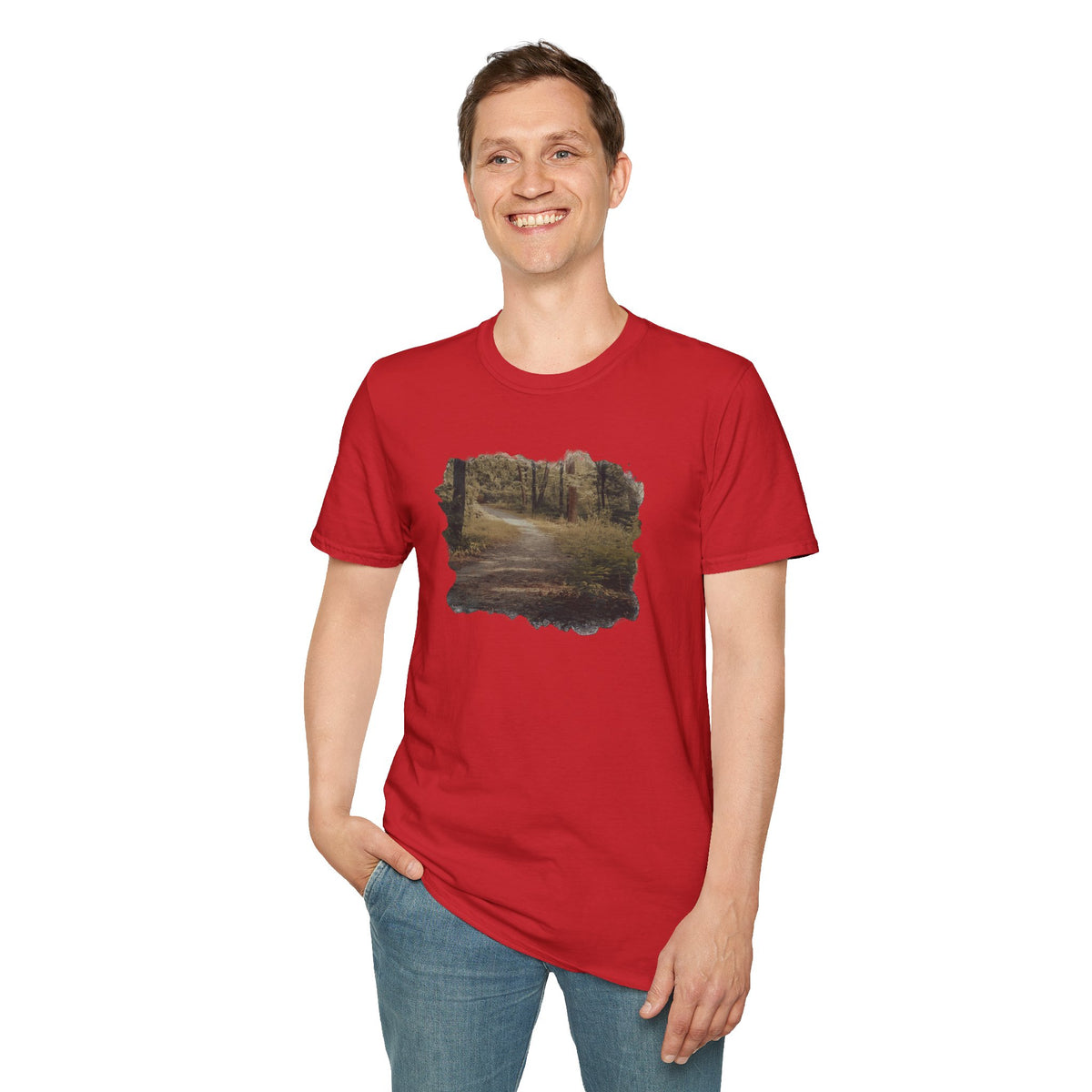 Vintage forest landscape T-shirt by Printify featuring a nature pathway scene on soft fabric, perfect for outdoor enthusiasts.