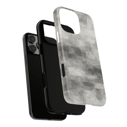Abstract gray grid phone case for iPhone, tough protective cover by Printify, showcasing a modern geometric design.