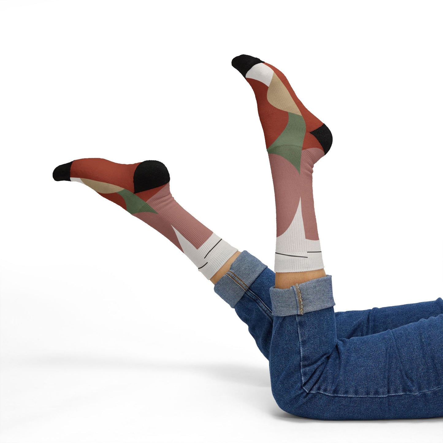 Abstract Geometric Floral Sublimation Socks | Colorblock Crew Socks