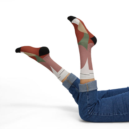 Abstract Geometric Floral Sublimation Socks | Colorblock Crew Socks