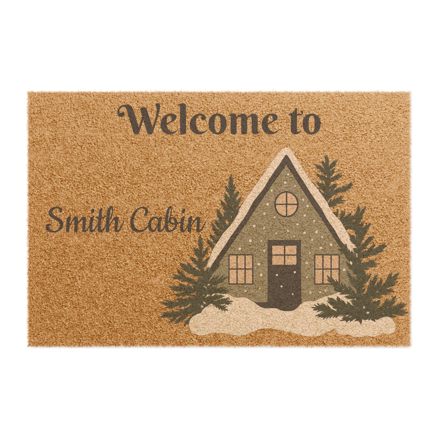 Rustic cabin welcome doormat with "Welcome to The Smith Cabin" printed, perfect for rustic house entryways and porch decor.