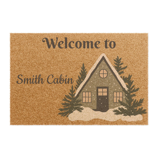 Rustic cabin welcome doormat with "Welcome to The Smith Cabin" printed, perfect for rustic house entryways and porch decor.