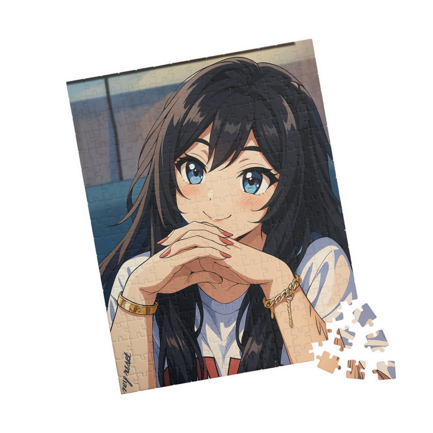 Anime girl portrait jigsaw puzzle with 520 pieces, featuring vibrant artwork and detailed illustration by Printify.