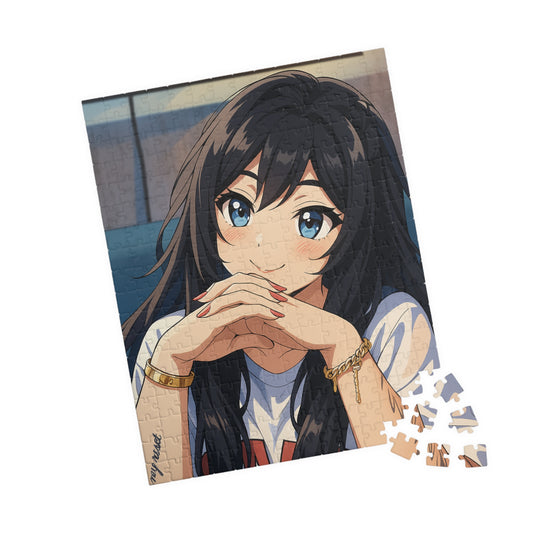 Anime girl portrait jigsaw puzzle with 520 pieces, featuring vibrant artwork and detailed illustration by Printify.