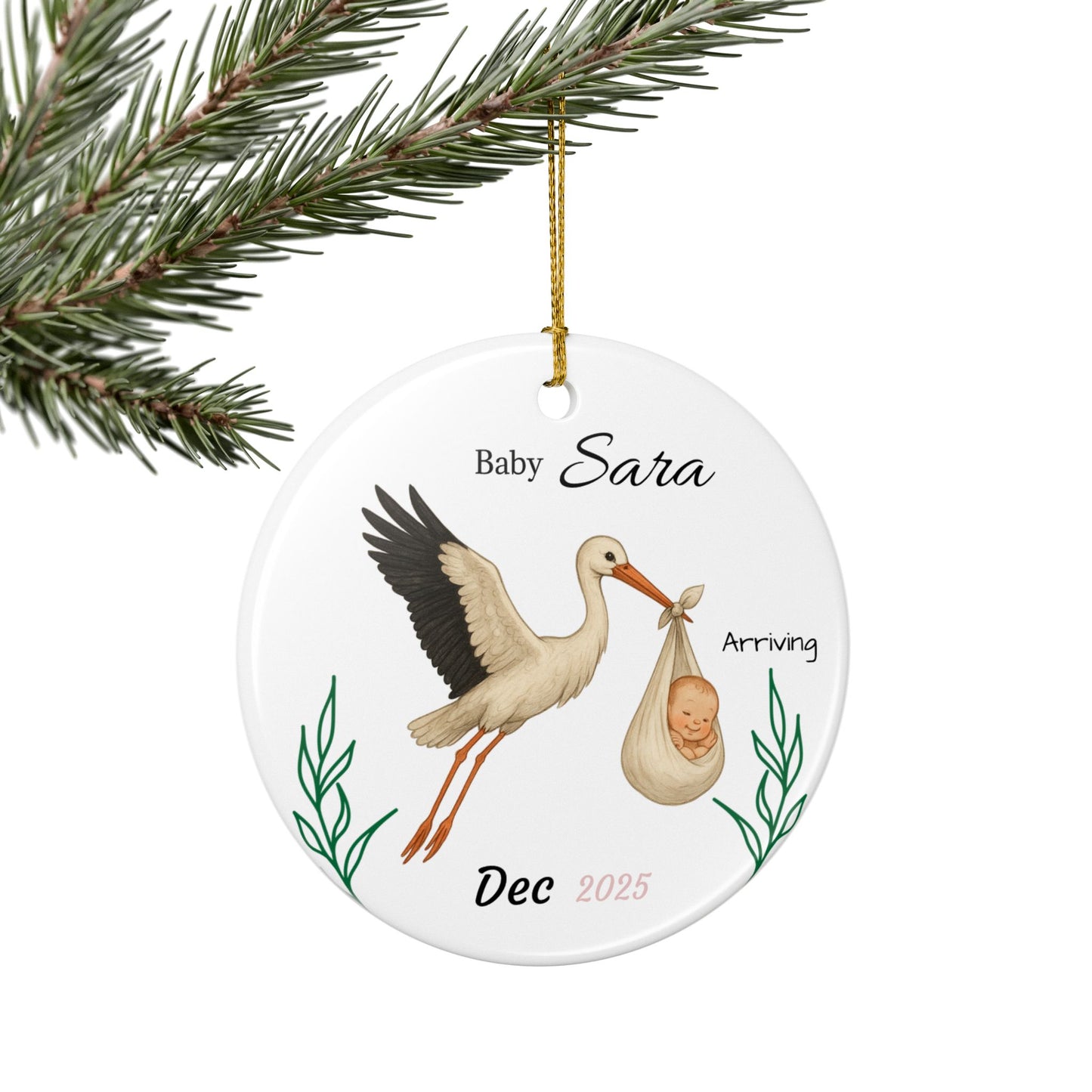 Stork with Baby, Personalized Name and Due Date Ornament Ceramic Ornament - TRV