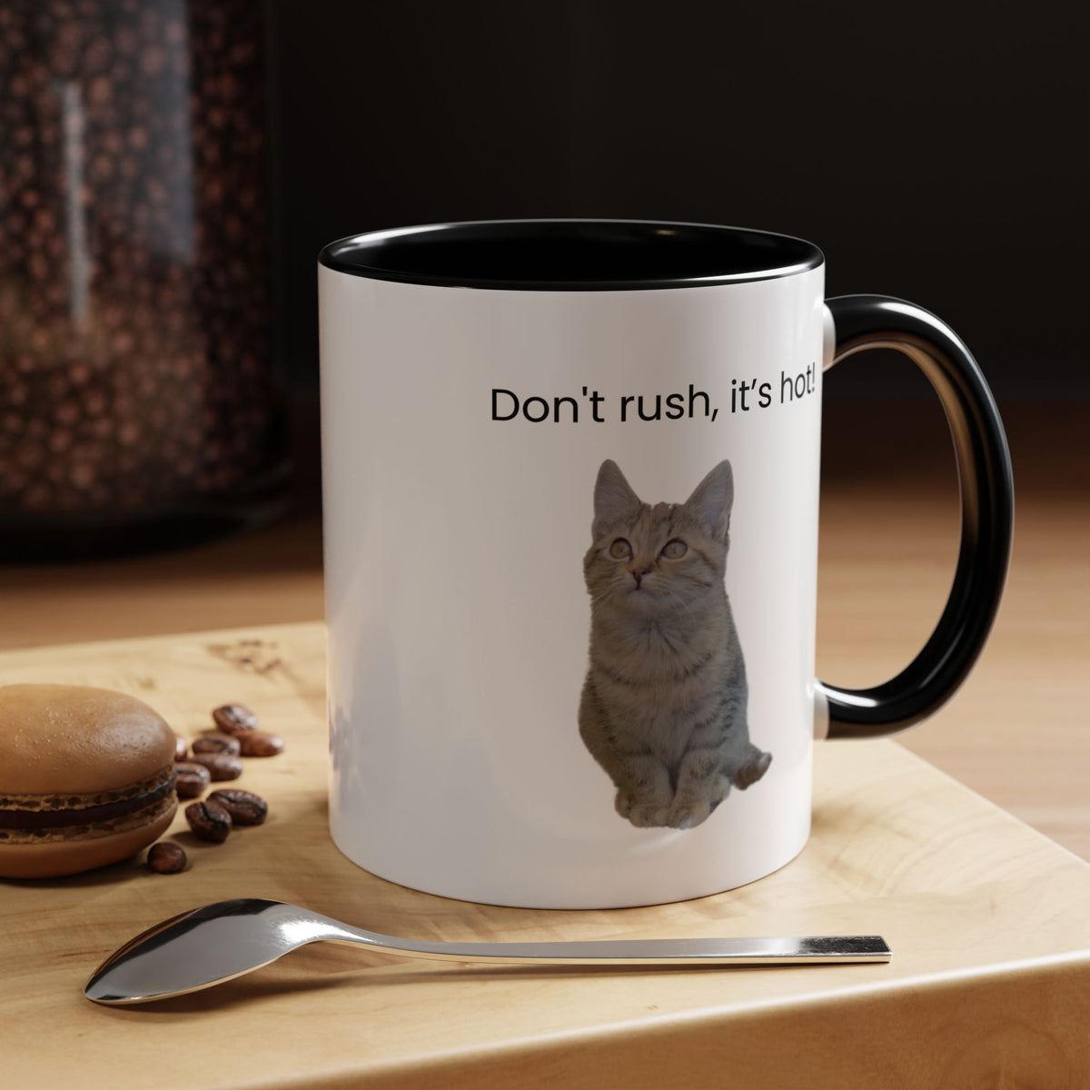 Ceramic cat coffee mug with "Don't rush, it's hot!" slogan, 11 oz, white with cat illustration, perfect for coffee or tea.
