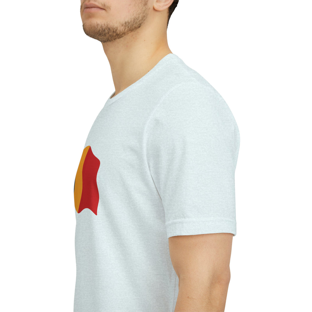 Romania flag T-shirt by Printify featuring a minimal waving tricolor design on a casual T-shirt.