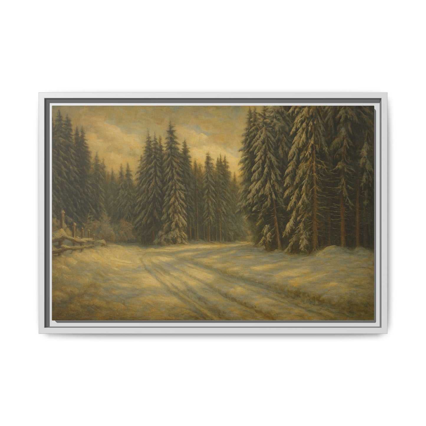 Framed matte canvas wall art featuring a winter forest landscape with trees and snow, by Printify.
