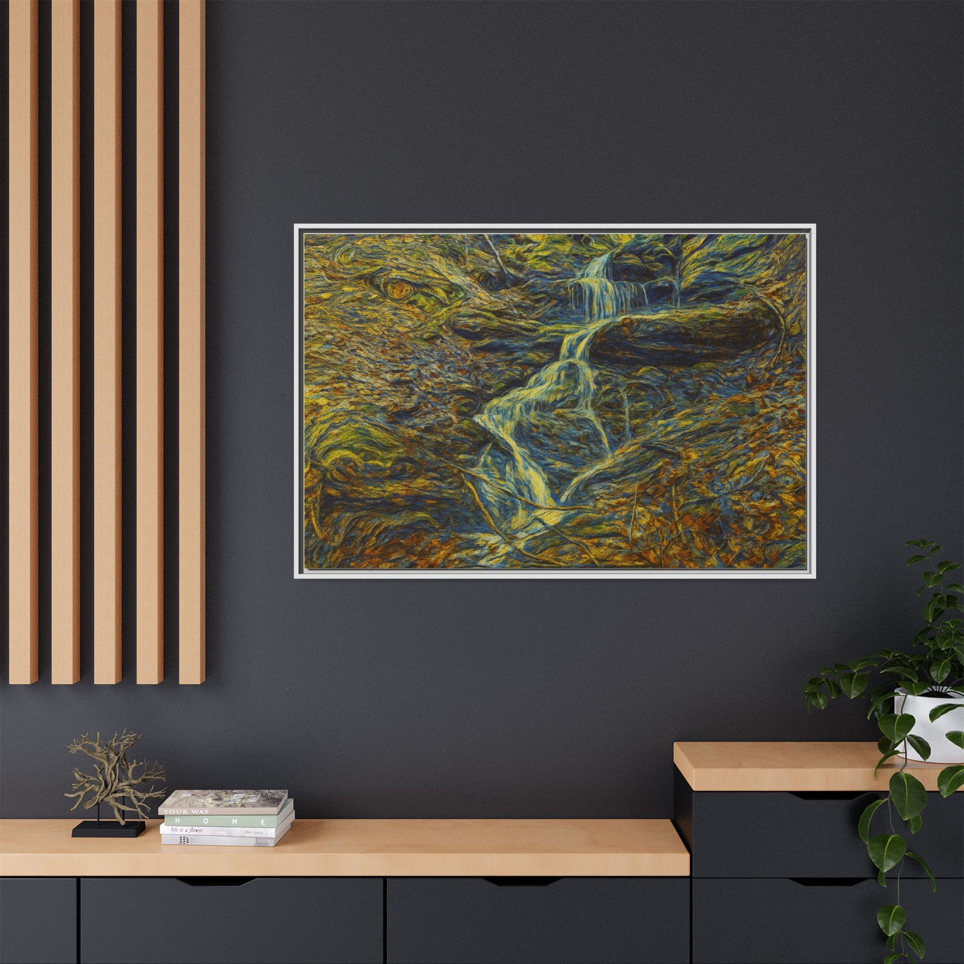 Framed matte canvas wall art of an autumn forest with a waterfall, by Printify, showcasing vibrant fall colors and natural scenery.